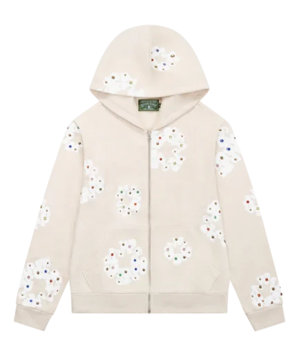 Rhinestone Cotton Wreath Zip Hoodie Oatmeal